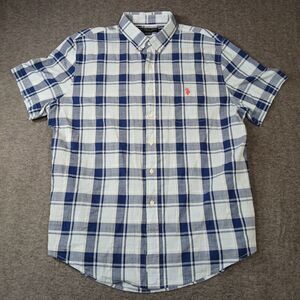 U.S Polo Assn Men's Button Down 100% Cotton Blue Plaid XL Short Sleeve Shirt‎
